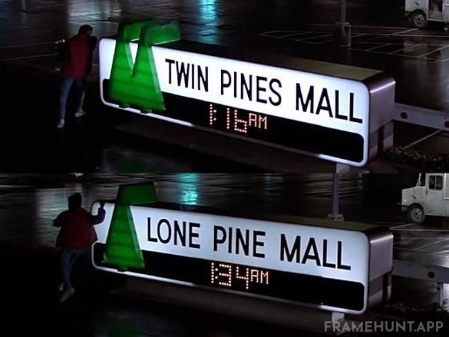 The Twin Pines Mall sign changes to Lone Pine Mall at the end because Marty ran over one of Peabody's pine trees in 1955. in Back to the Future