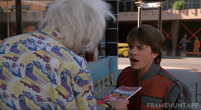 Doc Brown's custom shirt features a pattern of men riding horses and trains, teasing the sequel's setting. in Back to the Future Part II