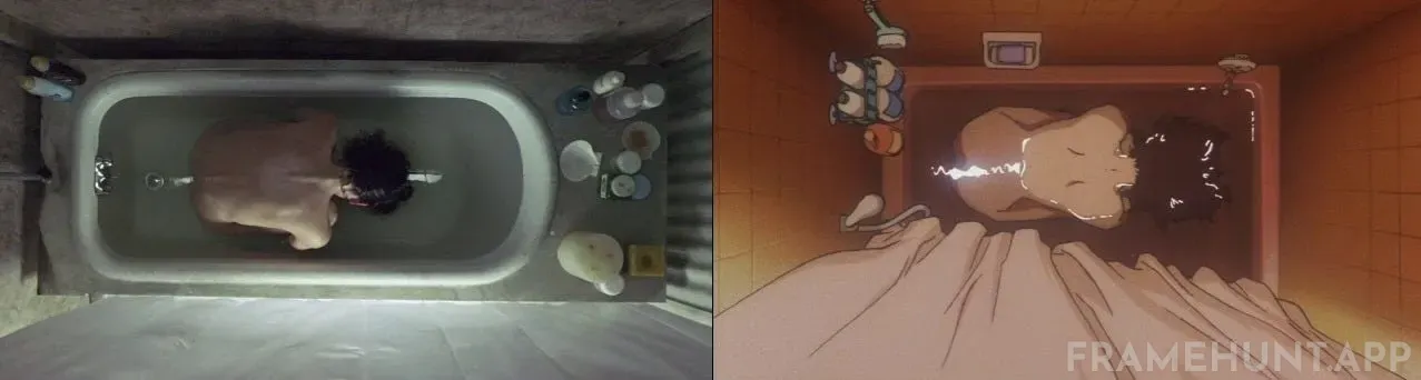 Nina submerges her face in the bathtub and screams underwater, mimicking a famous anime scene. in Black Swan