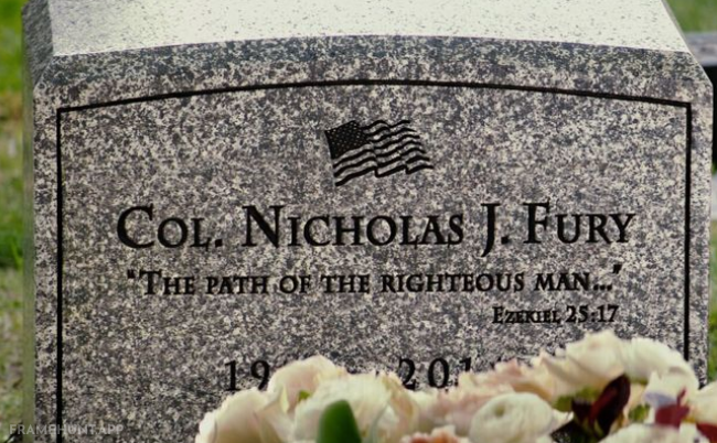 Nick Fury's gravestone features the exact Ezekiel 25:17 Bible verse famously quoted by Samuel L. Jackson in Pulp Fiction. in Captain America: The Winter Soldier