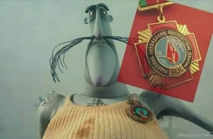 Mr. Bobinsky proudly wears a real-world liquidator medal awarded to the heroes of the Chernobyl nuclear disaster. in Coraline