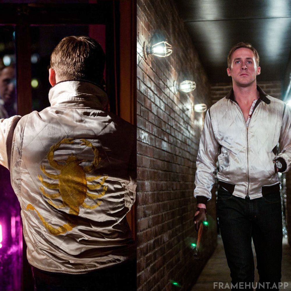 The Driver wears a distinct white satin jacket with a large golden scorpion embroidered on the back. in Drive