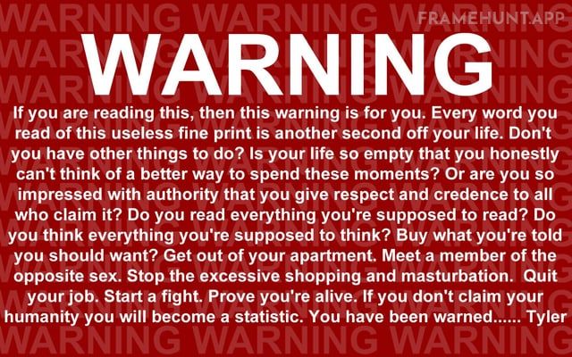 Before the movie starts, a second, highly cynical warning message from Tyler Durden flashes over the standard FBI copyright screen. in Fight Club