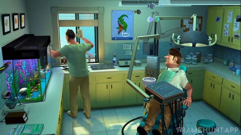 A Buzz Lightyear action figure is casually lying on the floor among the toys in the dentist's waiting room. in Finding Nemo