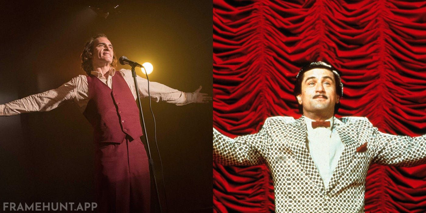 Arthur Fleck appearing on a late-night talk show, obsessing over the host played by Robert De Niro. in Joker