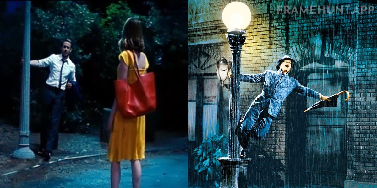 Sebastian grabs a lamppost and swings around it during the "A Lovely Night" dance sequence. in La La Land