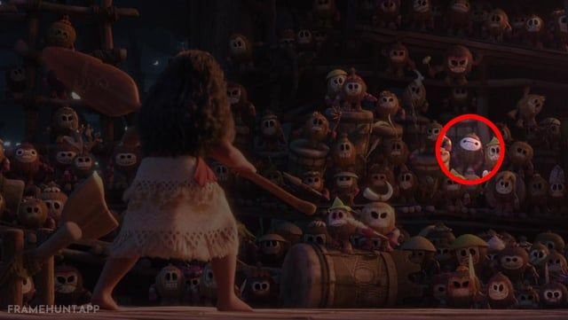 A Kakamora pirate is clearly wearing a round white mask that perfectly replicates the face of Baymax from Big Hero 6. in Moana