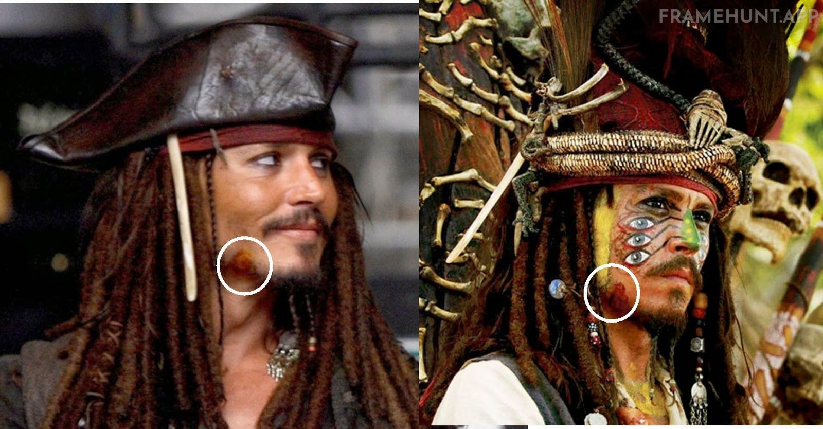 Captain Jack Sparrow has a visible scab on his jawline that gradually grows larger throughout the film. in Pirates of the Caribbean: The Curse of the Black Pearl