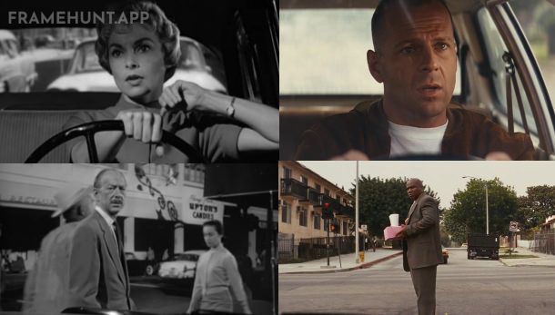 Marcellus Wallace stops in the middle of the crosswalk and stares directly at Butch, mimicking a famous scene from Psycho. in Pulp Fiction