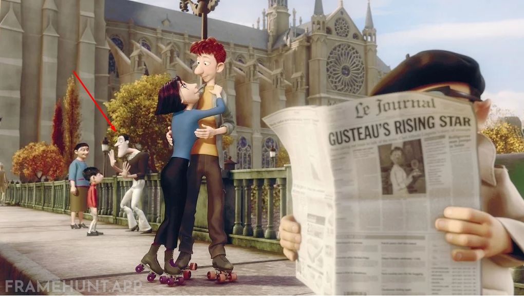 The street mime performing in the background is Bomb Voyage, the villain from Pixar's earlier film, The Incredibles. in Ratatouille