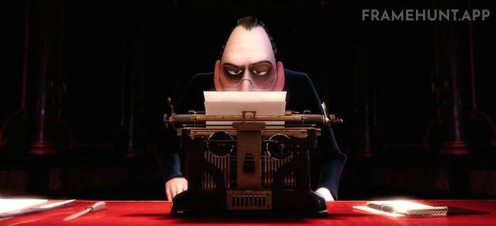 Anton Ego's grim office room is shaped exactly like a wooden coffin, and his antique typewriter resembles a human skull. in Ratatouille