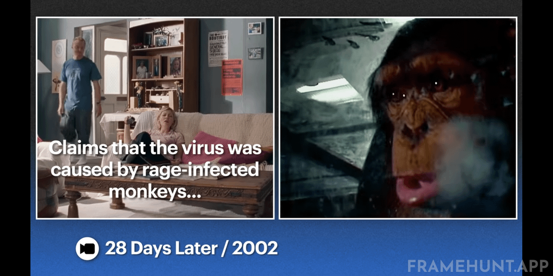 The news ticker at the end mentions that the zombie outbreak was not caused by "rage-infected monkeys." in Shaun of the Dead