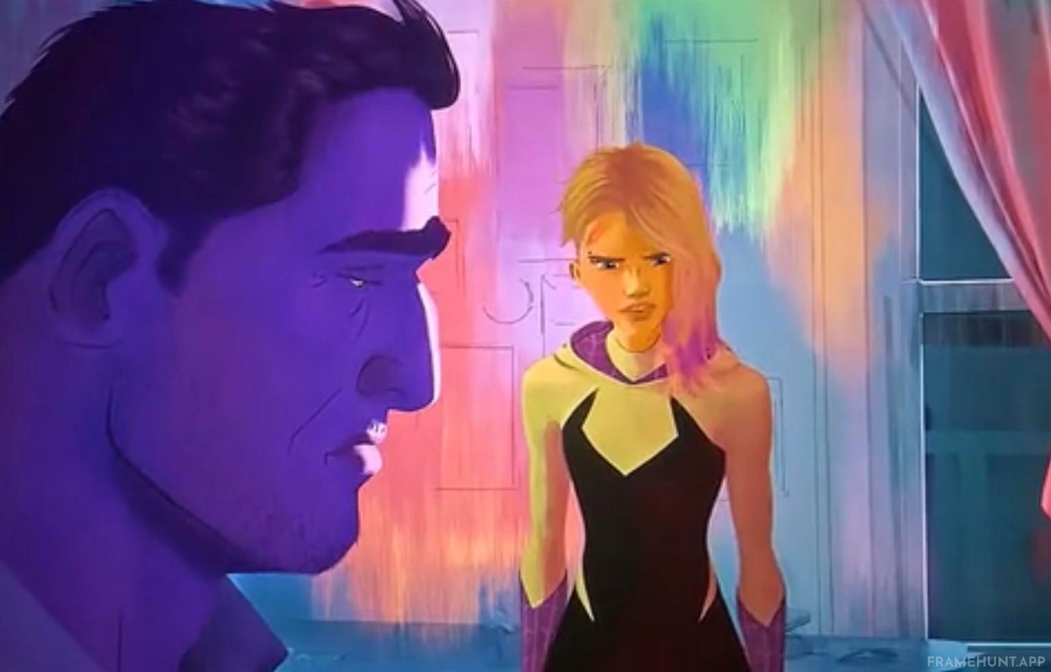 Gwen Stacy's entire universe functions like a mood ring, with the background colors melting to match her emotions. in Spider-Man: Across the Spider-Verse