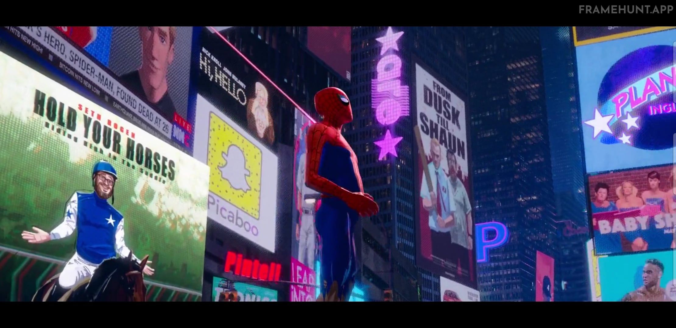 A billboard for a movie called "Hold Your Horses" starring Seth Rogen is visible in Times Square. in Spider-Man: Into the Spider-Verse