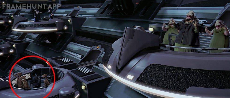 A delegation of aliens from the movie E.T. the Extra-Terrestrial can be seen voting in the Galactic Senate. in Star Wars: Episode I - The Phantom Menace
