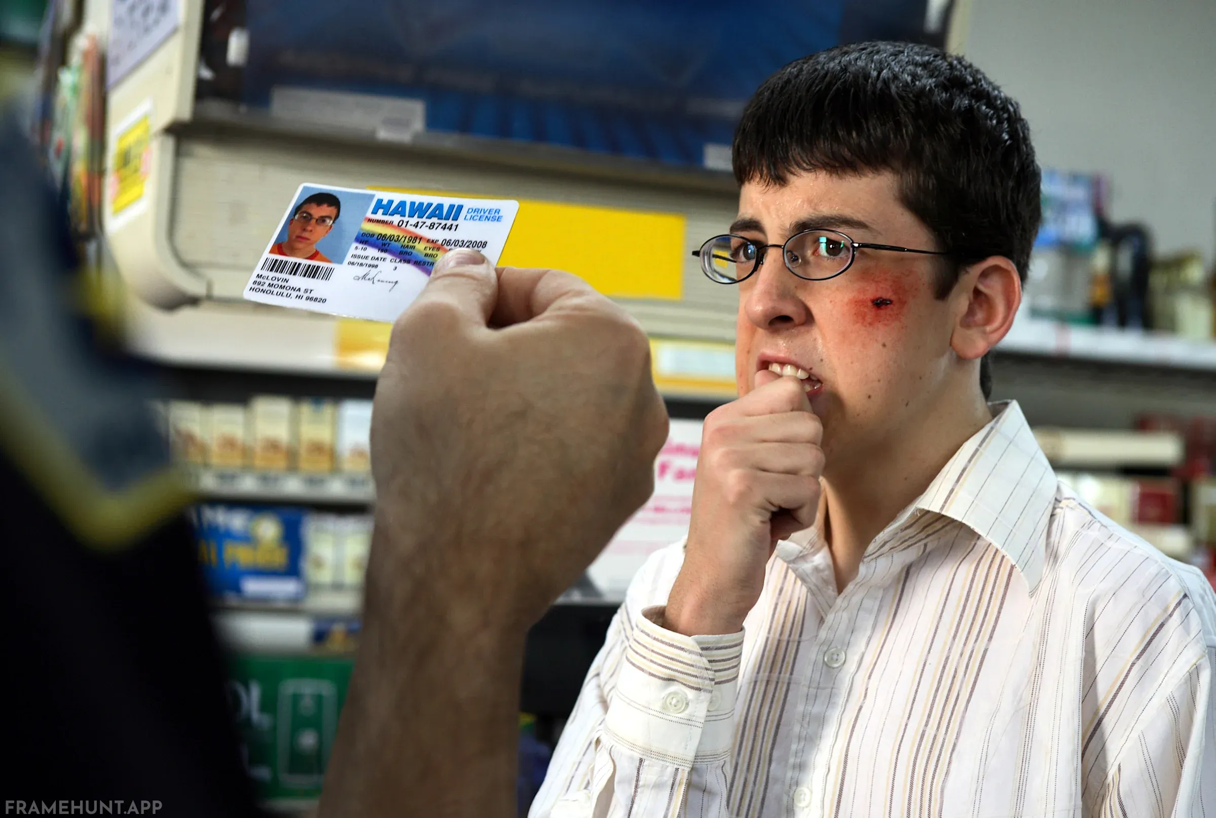McLovin's infamous fake ID lists his home state as Hawaii, explaining why he wears a Hawaiian shirt to the party. in Superbad
