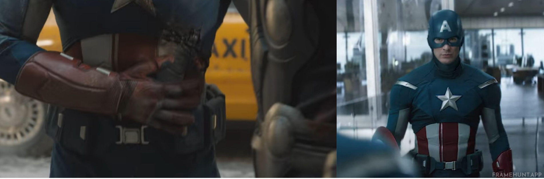 Captain America's tactical uniform magically repairs its deep battle gashes completely between consecutive shots. in The Avengers