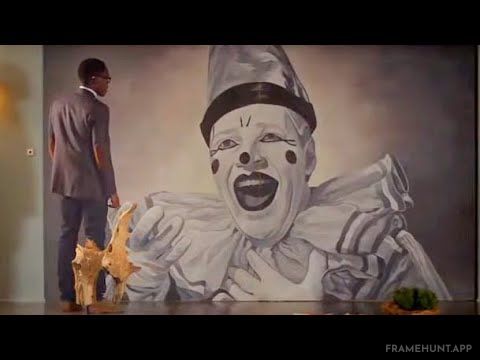 The wall art inside Eleanor's perfect afterlife house features terrifying, creepy clown paintings. in The Good Place