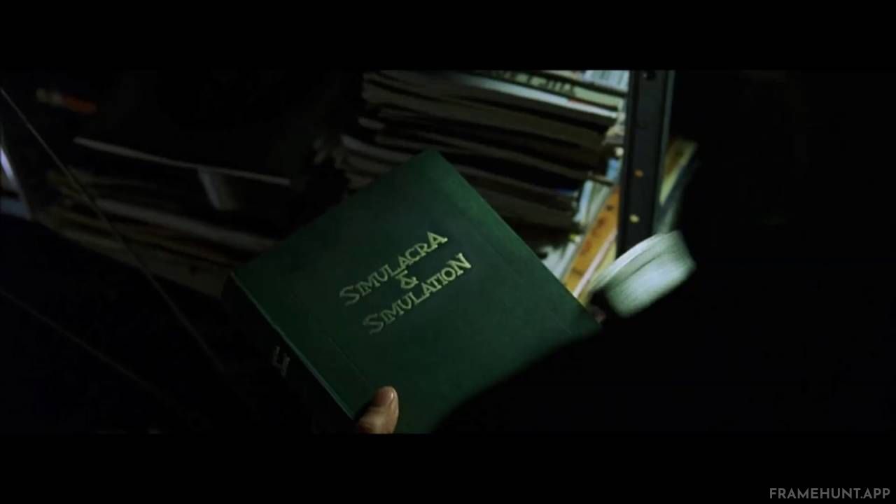 Neo stores his illegal hacking mini-discs inside a hollowed-out copy of Jean Baudrillard's book Simulacra and Simulation. in The Matrix