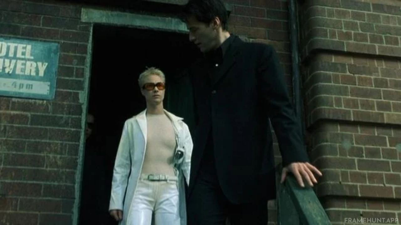 The character Switch wears all white and was originally written to change genders when entering the Matrix. in The Matrix