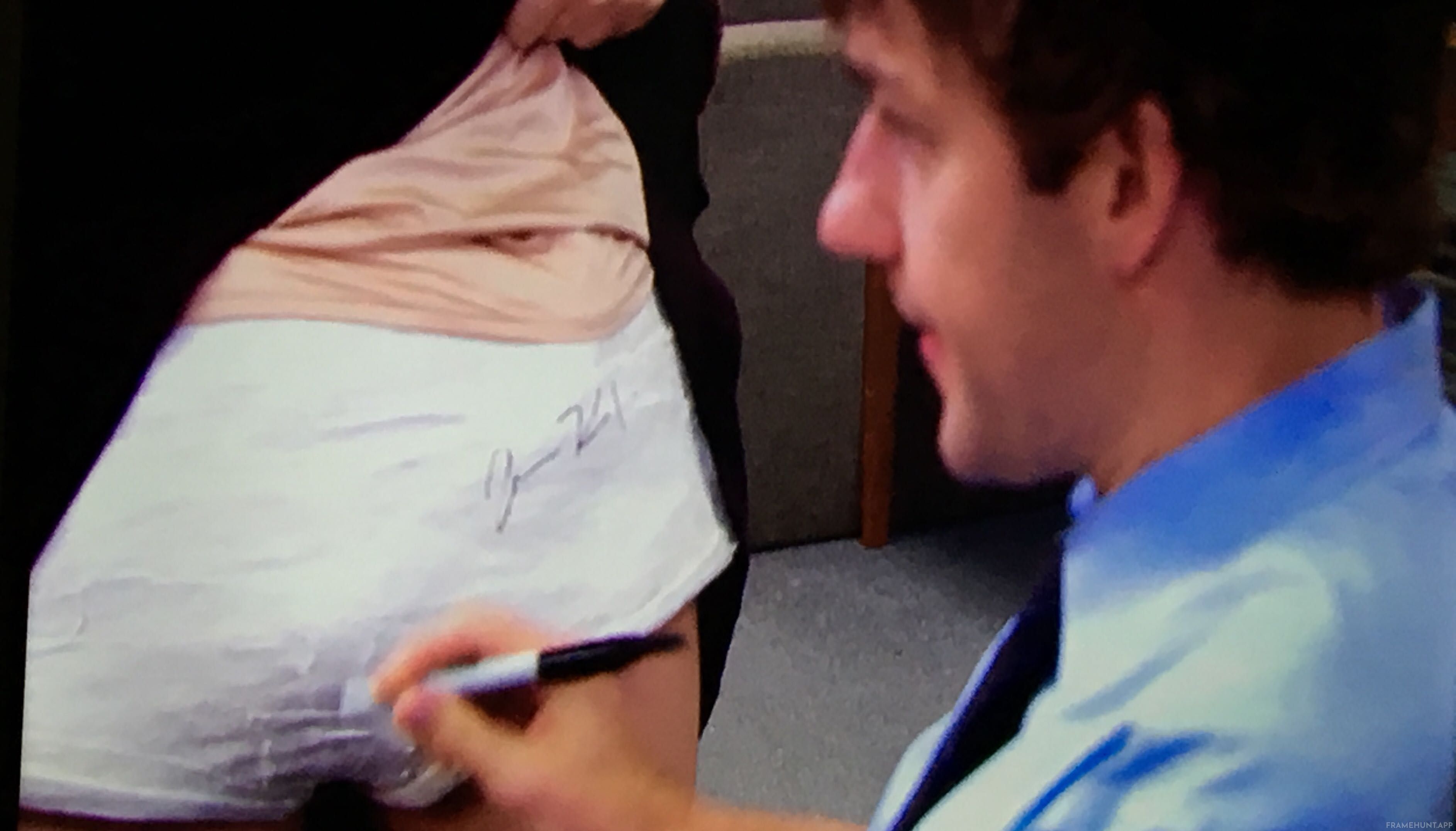 On Meredith's pelvic cast, Jim's signature clearly reads "John", which is the actor's real name. in The Office
