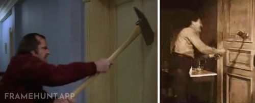 Jack Torrance violently chopping through the bathroom door with an axe to get to his wife. in The Shining
