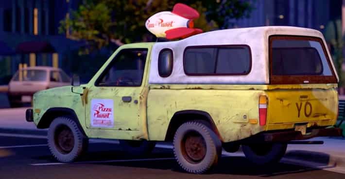 The iconic Pizza Planet delivery truck makes its very first appearance in cinematic history. in Toy Story