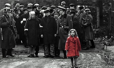 A young girl is seen wearing a bright red coat in a black-and-white film. in Schindler's List