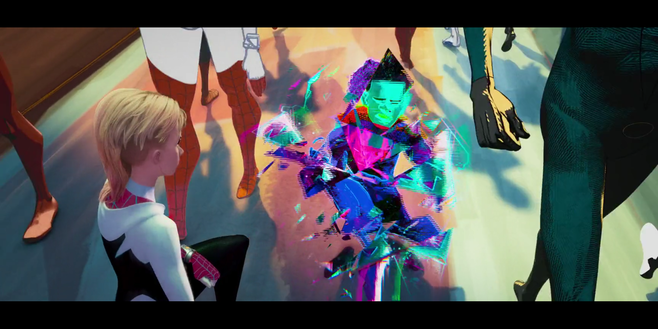 Microscopic cameos and logos from other Spider-Man universes appear during glitching frames. in Spider-Man: Into the Spider-Verse