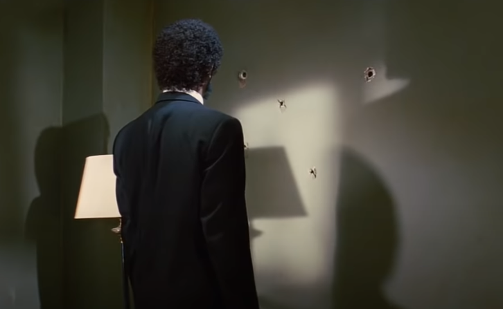Bullet holes are already perfectly visible on the wall before the shooter fires his gun. in Pulp Fiction