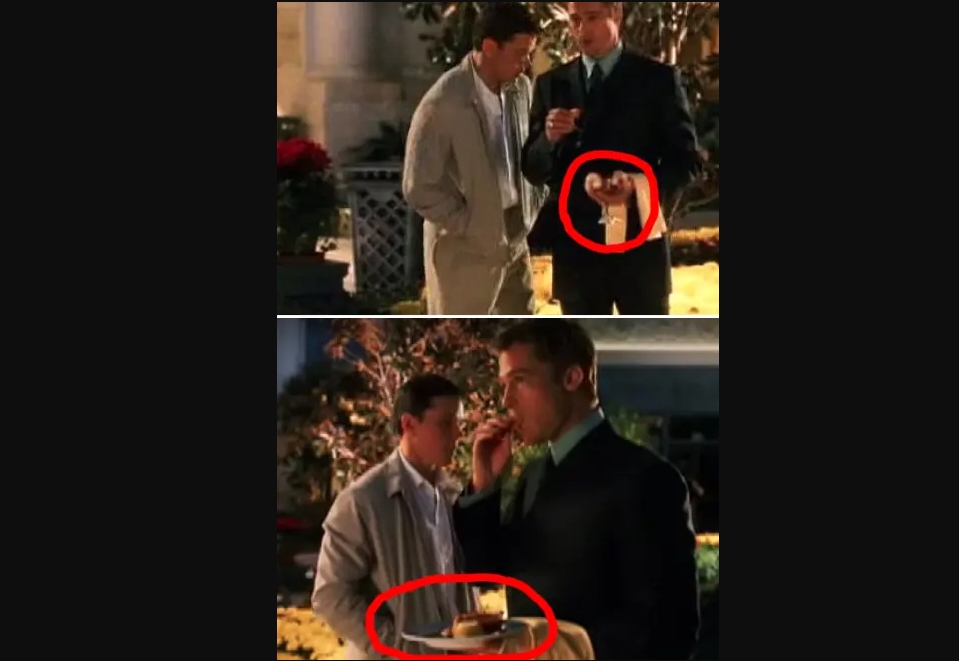 Brad Pitt's character switches from eating shrimp to eating a fruit salad in the middle of a continuous conversation. in Ocean's Eleven