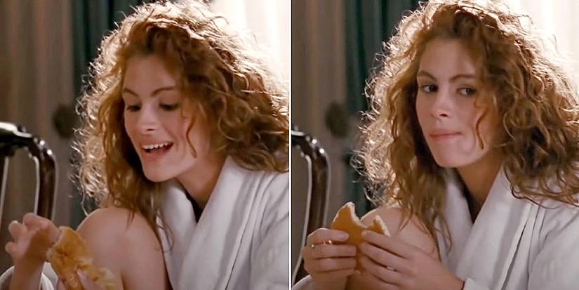 Julia Roberts' character takes a bite of a croissant, which magically turns into a pancake in the next shot. in Pretty Woman