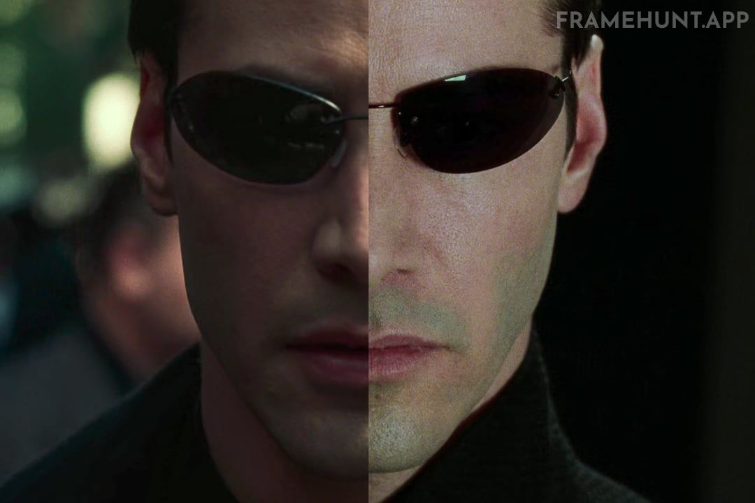 The shape of the characters' sunglasses perfectly indicates whether they are heroes or villains. in The Matrix