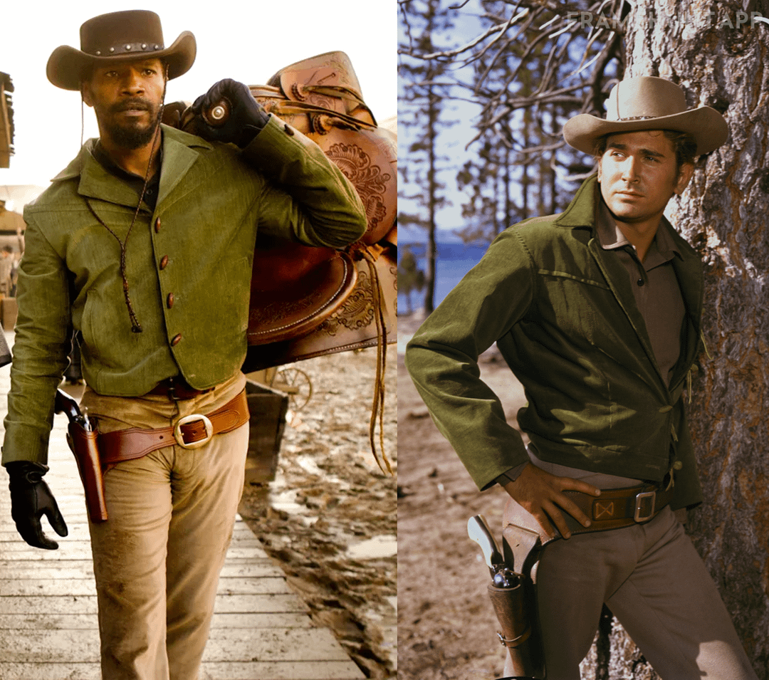 Django wears a green corduroy jacket that perfectly replicates Little Joe's jacket from the show Bonanza. in Django Unchained