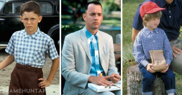 Forrest is wearing a blue plaid shirt at the beginning of every major time transition in his life. in Forrest Gump