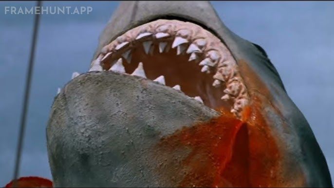 As the shark's carcass sinks into the ocean, a bizarre, metallic dinosaur roar can be heard. in Jaws