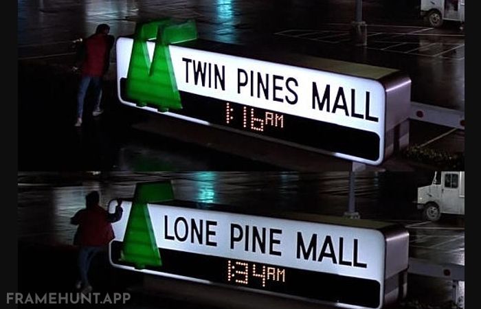 The name of the shopping mall changes from "Twin Pines Mall" to "Lone Pine Mall" after Marty returns from 1955. in Back to the Future