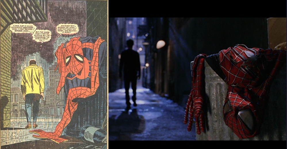 Peter Parker throws his suit into a trash can, perfectly recreating the iconic frame from the Marvel comics. in Spider-Man 2