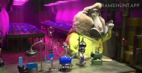 Two rams in yellow hazmat suits are cooking a blue chemical substance in an underground lab. in Zootopia